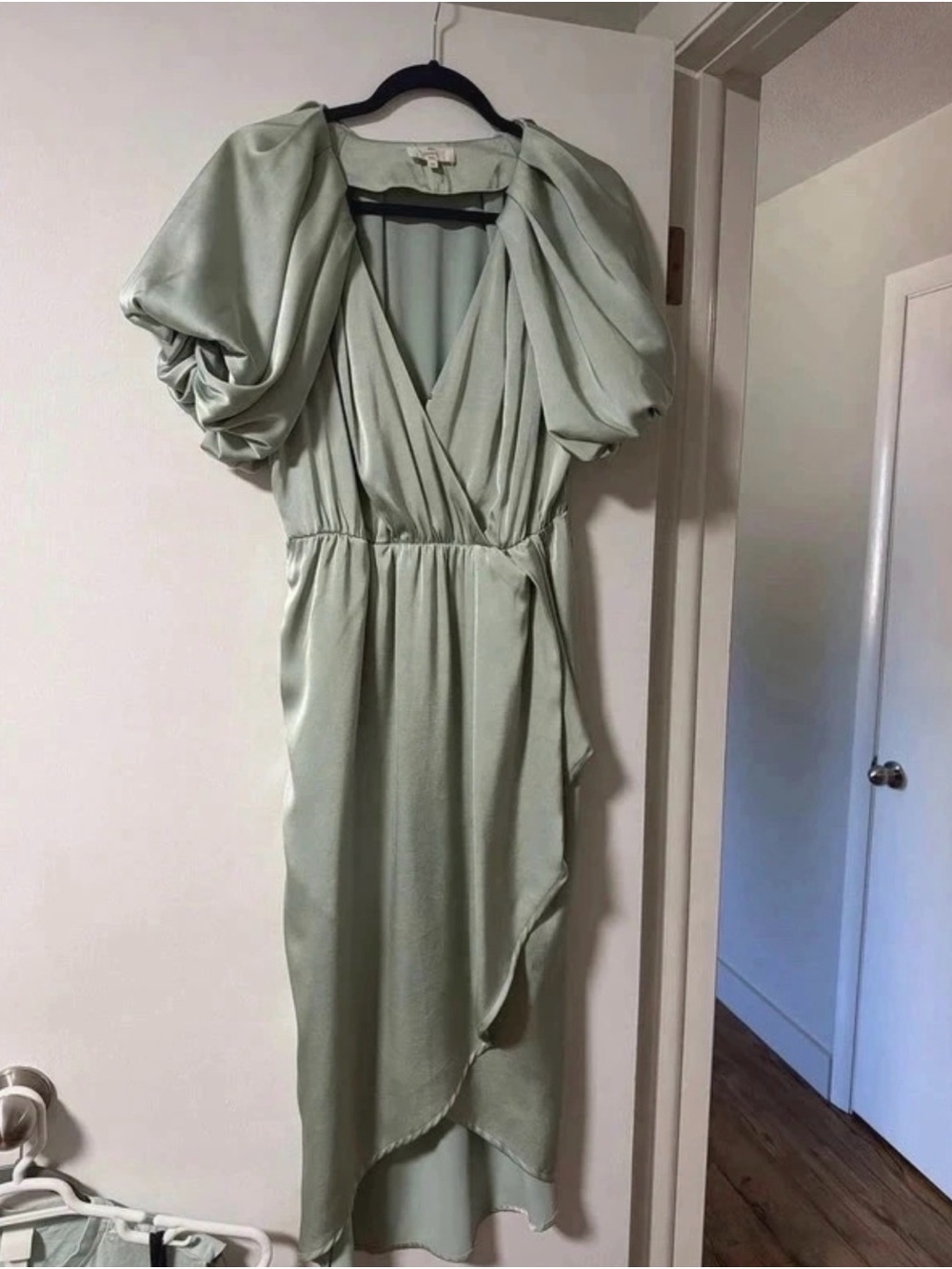 entro Sage Green Puff-Sleeve Wrap High-Low Dress